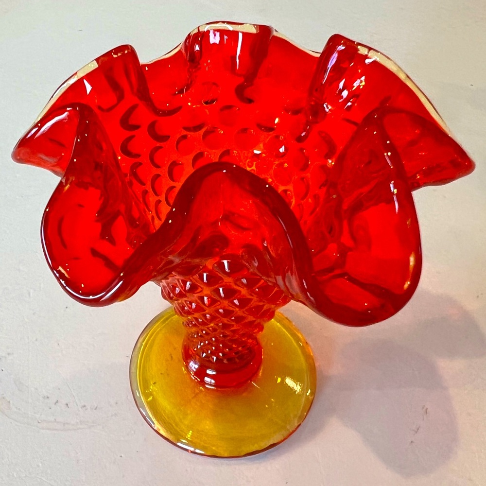 Dainty & Beautiful Vintage Fenton Red/Orange/Yellow Hobnail 4” Mini Vase